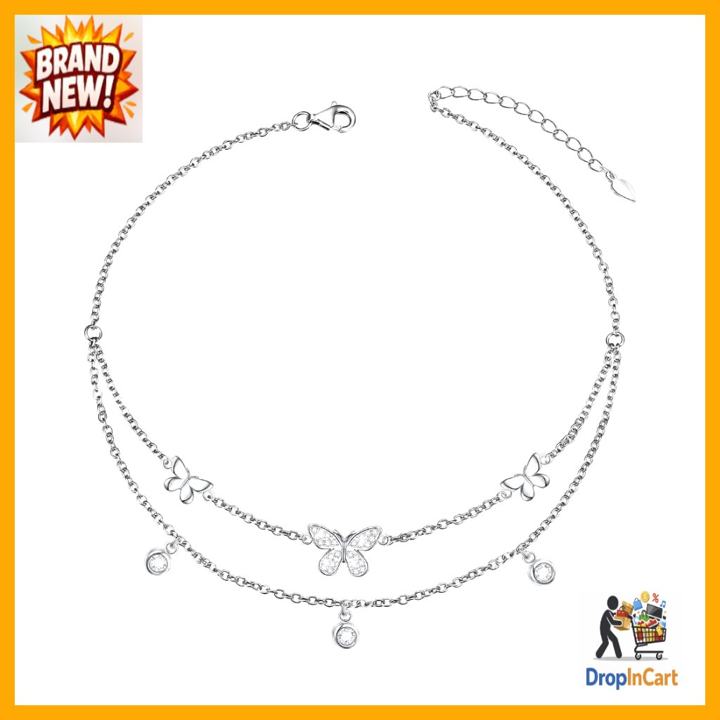 Butterfly Ankle Bracelet Sterling Silver Adjustable Boho Beach Foot Chain